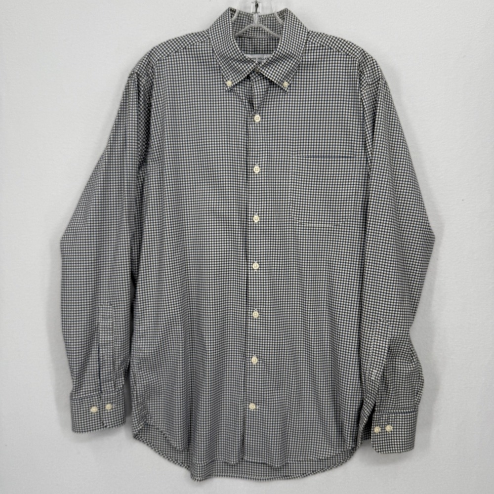 Peter Millar Button Down Shirt Mens Medium Blue Brown White Check Long Sleeve‎